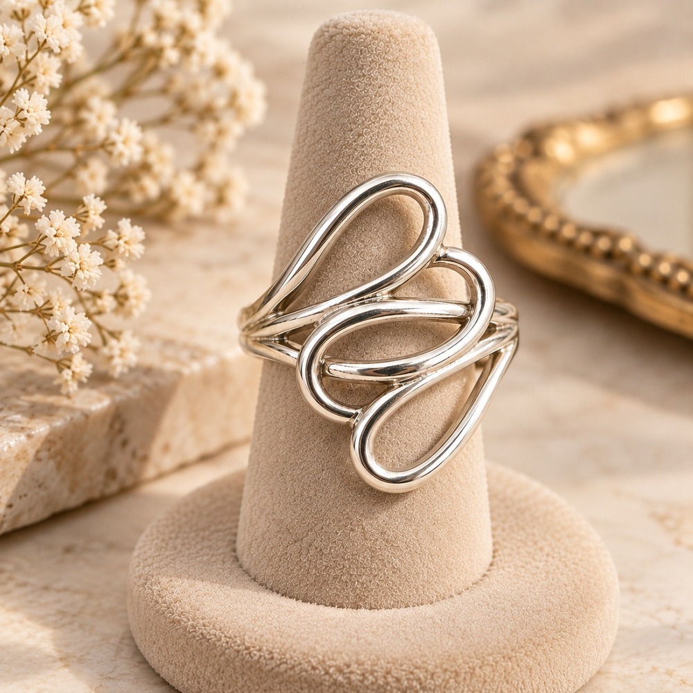 Sterling Silver Abstract Triple Heart Ring Size 8.5 Polished Statement Band